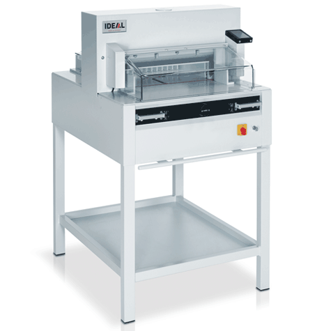 gbc Tagliarisme elettrica IDEAL 4855. Made in Germany luce di taglio 475 mm, pressino automatico, profondit del tavolo 450 mm, avanzamento elettromeccanico. Taglio sequenziale 35 mm. piano di lavoro 1296x762x1053. taglia fino a 80 mm. Alimentazione: 230V-50Hz-1.42kW..