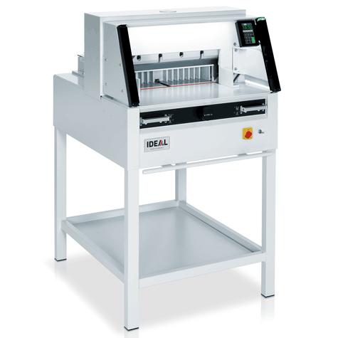 gbc Tagliarisme elettrica IDEAL 4860. Made in Germany luce di taglio 475 mm, pressino automatico, profondit del tavolo 450 mm, avanzamento elettromeccanico. Taglio sequenziale 35 mm. piano di lavoro 1296x762x988. taglia fino a 80 mm. Alimentazione: 230V-50Hz-1.42kW..