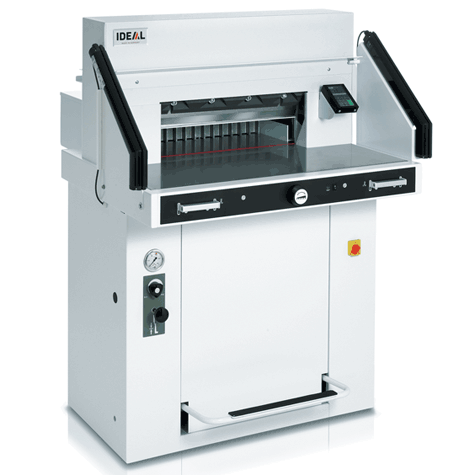 gbc Tagliarisme elettrica IDEAL 5560. Made in Germany luce di taglio 550 mm, pressino idraulico (press. min.200 daN, max.1100daN), profondit del tavolo 570 mm, avanzamento idraulico. Taglio sequenziale 32-60 mm. piano di lavoro 1370x1070x1400. taglia fino a 95-92 mm. Alimentazione: 230V-50Hz-1.5kW..