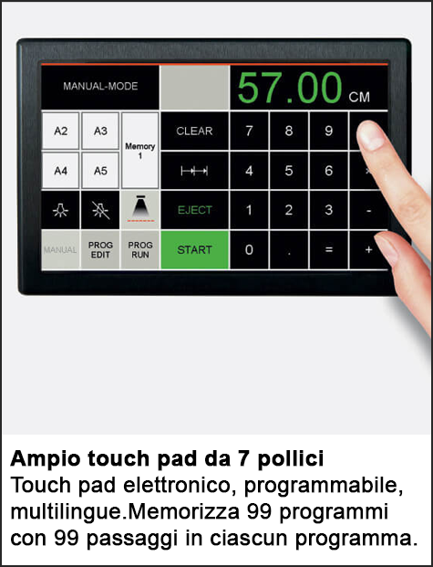 gbc Tagliarisme elettrica IDEAL 5560LT luce di taglio 550 mm, pressino idraulico (press. min.200 daN, max.1100daN), profondit del tavolo 570 mm, avanzamento idraulico. Taglio sequenziale 32-60 mm. piano di lavoro 1370x1070x1400. taglia fino a 95-92 mm. Alimentazione: 230V-50Hz-1.5kW., Made in Germany.