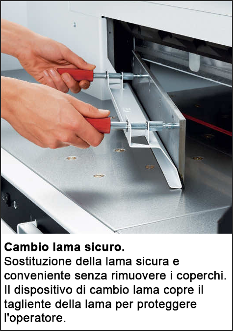 gbc Tagliarisme elettrica IDEAL 5560LT luce di taglio 550 mm, pressino idraulico (press. min.200 daN, max.1100daN), profondit del tavolo 570 mm, avanzamento idraulico. Taglio sequenziale 32-60 mm. piano di lavoro 1370x1070x1400. taglia fino a 95-92 mm. Alimentazione: 230V-50Hz-1.5kW., Made in Germany.