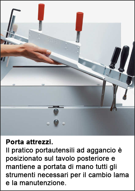 gbc Tagliarisme elettrica IDEAL 5560LT luce di taglio 550 mm, pressino idraulico (press. min.200 daN, max.1100daN), profondit del tavolo 570 mm, avanzamento idraulico. Taglio sequenziale 32-60 mm. piano di lavoro 1370x1070x1400. taglia fino a 95-92 mm. Alimentazione: 230V-50Hz-1.5kW., Made in Germany.