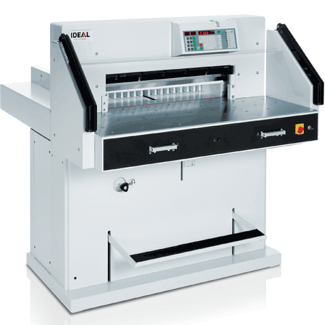 gbc Tagliarisme elettrica IDEAL 7260. Made in Germany luce di taglio 720 mm, pressino idraulico (press. min.200 daN, max.1100daN), profondit del tavolo 720 mm, avanzamento idraulico. Taglio sequenziale 20-90 mm. piano di lavoro 1335x1305x1540. taglia fino a 80-78 mm. Alimentazione: 400V-50Hz-1.9kW..