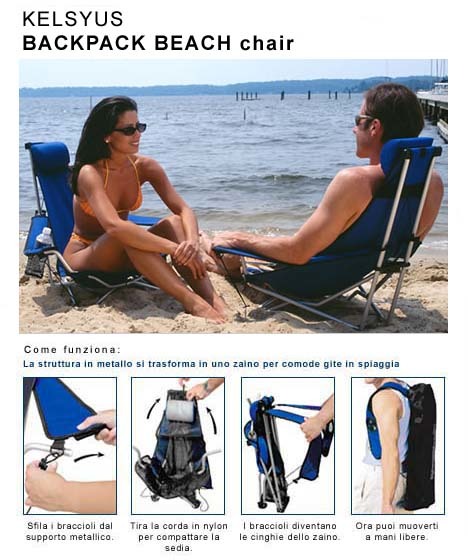 kelsyus Kelsyus COMBO CHAIR con tendalino ombreggiante Sedia a sdraio trasformabile in zaino + retina portariviste sotto al sedile e cuffia di chiusura. + parasole.
