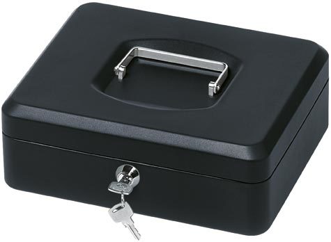 gbc Cassetta portavalori in metallo con portamonete Blu, formato: 25x18x9cm. Serratura a cilindro. Completa di due chiavi. Dotata di manico pieghevole per il trasporto.