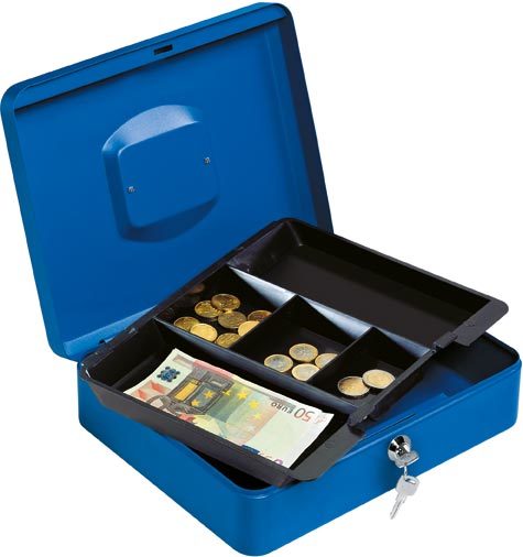gbc Cassetta portavalori in metallo con portamonete Blu, formato: 30x24x9cm. Serratura a cilindro. Completa di due chiavi. Dotata di manico pieghevole per il trasporto.