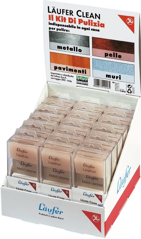 gbc Espositore 18 kit gomme per usi specifici. Kit pulizia L�ufer ogni kit contiene 4 gomme diverse per pulire: pelle, muri, pavimenti, metallo.