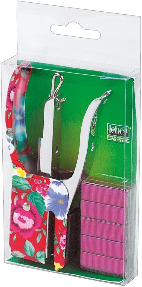 gbc Cucitrice a pinza mini, in metallo stampato, monta il punto 10 cuce fino a 15 fogli. Profondit di cucitura 2,7cm. Fornita con una scatola di 1000 punti colorati. Fantasie assortite.