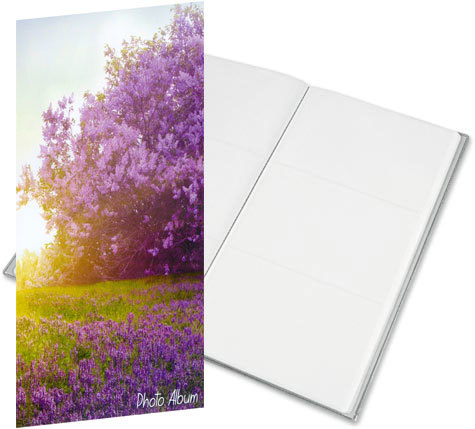 gbc Album foto a tasca per 96 foto. Ogni facciata contiene 3 foto 10x15cm Formato volume 17,5x32,5cm. Copertina con soggetto -purple sunset- . Copertina in polipropilene flessibile. Fogli porta foto di color bianco.