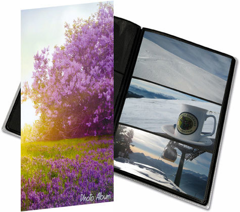 gbc Album foto a tasca per 96 foto. Ogni facciata contiene 3 foto 10x15cm Formato volume 17,5x32,5cm. Copertina con soggetto -purple sunset-. Copertina in polipropilene flessibile. Fogli porta foto di color nero.