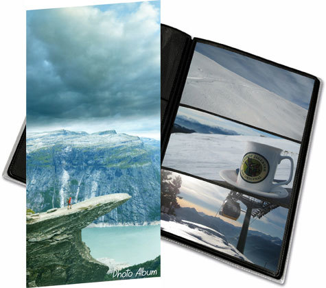gbc Album foto a tasca per 96 foto. Ogni facciata contiene 3 foto 10x15cm Formato volume 17,5x32,5cm. Copertina con soggetto -cliff-. Copertina in polipropilene flessibile. Fogli porta foto di color nero.