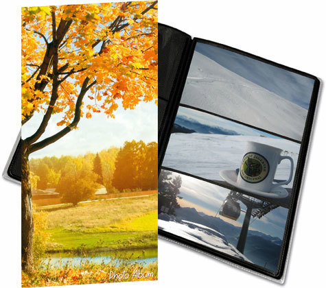 gbc Album foto a tasca per 96 foto. Ogni facciata contiene 3 foto 10x15cm Formato volume 17,5x32,5cm. Copertina con soggetto -autumn-. Copertina in polipropilene flessibile. Fogli porta foto di color nero.