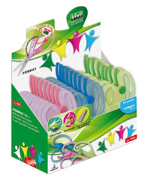 gbc Forbice a sforzo ridotto, con punta tonda, 13cm lama in acciaio. Impugnatua personalizzabile. Con espositore per 24 forbici.