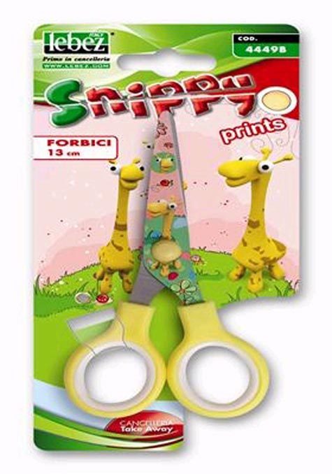 gbc Forbice con lama stampata 13cm, punta arrotondata lama in acciao inox. Impugnatura in gomma, fantasie assortite. In blister.