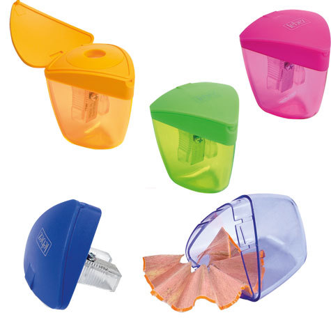 gbc Temperamatite in plastica ad 1 foro con contenitore in plastica semitrasparente e coperchio. Colori disponibili: arancio, verde, blu, rosa..