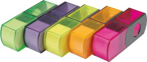 gbc Temperamatite in plastica ad 1 foro con gomma con contenitore trasparente in plastica, cappuccio di protezione della gomma. Colori disponibili: rosa, arancione, giallo, viola, verde. (codice 480B).
