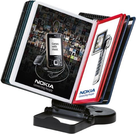 gbc Portadepliant A5 sfogliabile con 10 portaschede in acrilico trasparente con bordo nero, Il supporto inclinabile in metallo pu essere posizionato su tavolo oppure a parete.