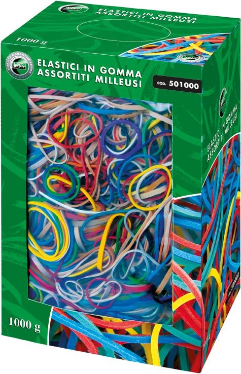 gbc Elastici in gomma. Scatola da 1 kg Colori assortiti. Misure assortite.