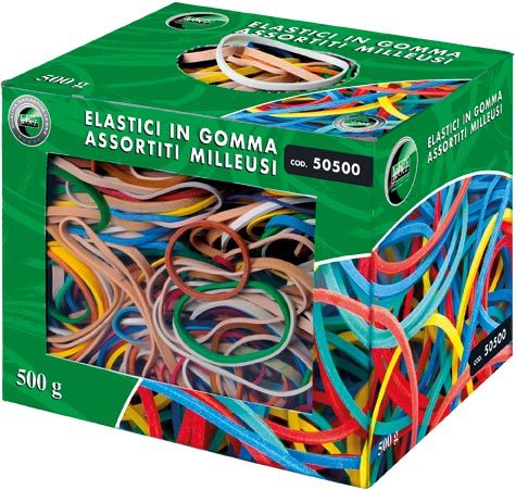 gbc Elastici in gomma. Scatola da 500 grammi Colori assortiti. Misure assortite.