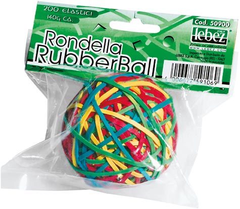 gbc Elastici in gomma. RubberBall, palla da 140 gr, 200 elastici Colori assortiti, misura 75x3mm, diametro 50mm, .