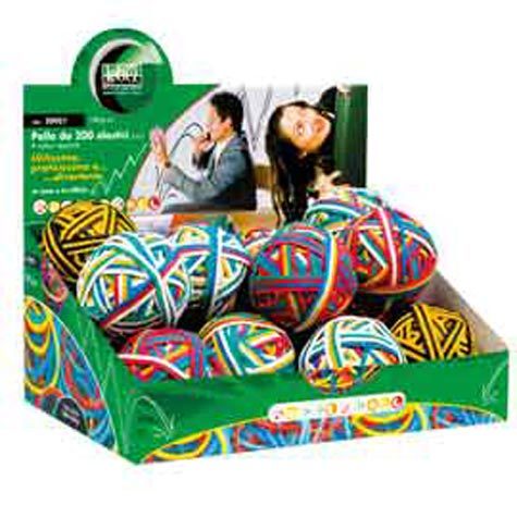gbc Elastici in gomma. RubberBall, palla da 140 gr, 200 elastici Colori assortiti, espositore in cartone.