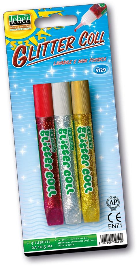 gbc Colla Glitter Coll COPREX da 10,5 ml Rosso, argento, oro. Lavabile, non tossica, blister da 3 tubetti.