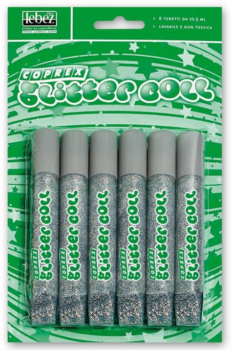gbc Colla Glitter Coll COPREX da 10,5 ml Argento, lavabile, non tossica, blister 6 tubetti.