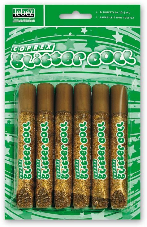gbc Colla Glitter Coll COPREX da 10,5 ml Oro, lavabile, non tossica, blister 6 tubetti.