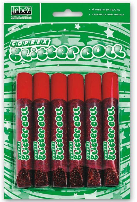 gbc Colla Glitter Coll COPREX da 10,5 ml Rosso, lavabile, non tossica, blister 6 tubetti.