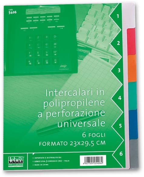 gbc Intercalari 6, tasti colorati in pvc. A4 per intercalare fogli in formato A4 (21x29,7cm). Corredata di indice frontale in cartoncino. Perforazione universale. 6 colori assortiti.