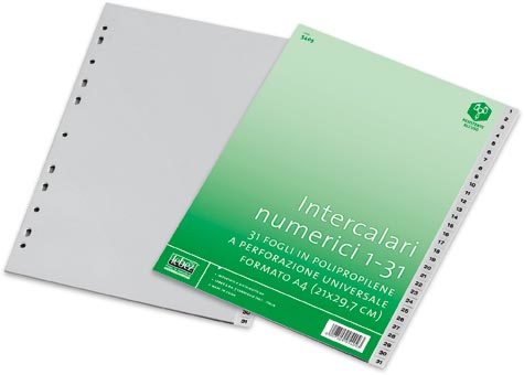 gbc Rubrica 1-31, a tasti numerici in pvc. A4 per intercalare fogli in formato A4 (21x29,7cm). Corredata di indice frontale 1-31 in cartoncino. Perforazione universale. Colore GRIGIO.