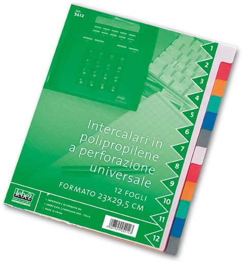 gbc Intercalari 12, tasti colorati in pvc. A4 per intercalare fogli in formato A4 (21x29,7cm). Corredata di indice frontale in cartoncino. Perforazione universale. 12 colori assortiti.