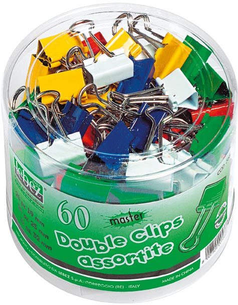 gbc Molla double clip in barattolo Binder clip, con archetti mobili. Corpo in acciaio verniciato. Assortite in 5 colori e in 3 misure: 24pz da 19mm,  24pz da 25mm, 12pz  da 32mm.