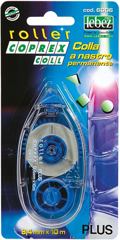 gbc Roller Coprex PLUS, colla a nastro Adesivo permanente. 8,4 mm x 10 metri. Chiusura salvanastro. Innovativo puntale a rullo che garantisce una applicazione perfetta e pulita. Non secca e non sporca.