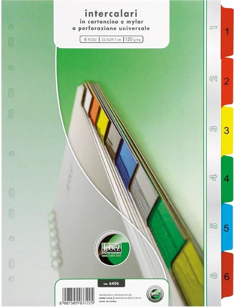 gbc Rubrica 1-6, a tasti colorati e numerici in cartoncino da 120 gr. A4 per intercalare fogli in formato A4 (21x29,7cm). Dorso e tasti rinforzati in Mylar. Perforazione universale..