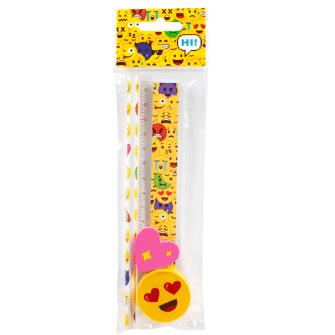 gbc Set EMOTICON 4 pezzi Matita, gomma, righello, temperamatita*.