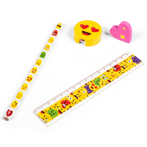 gbc Set EMOTICON 4 pezzi Matita, gomma, righello, temperamatita*.