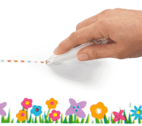 gbc Decoration roller, FIORELLINI Consente di imprimere una striscia decorativa al semplice passaggio. Funziona come un nastro correttore, imprimendo 8 diverse decorazioni. Altezza 6mm. lunghezza 6 metri. Prodotto originale PLUS. Made in Japan*.