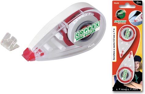 gbc Correttore a nastro, Roller Coprex Mini 8092 Nastro 4,2 mm x 7 metri, picolissimo 65x35 mm, funziona su tutti i tipi di carta, subito riscrivibile. In blister da 2 correttori.