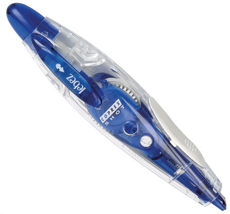 gbc Correttore a nastro SHOT, con apertura a scatto nastro 4,2 mm x 6 metri, doppia funzione: tira-rapido e spingi-preciso. Assortito in 4 slendidi colori. In blister.