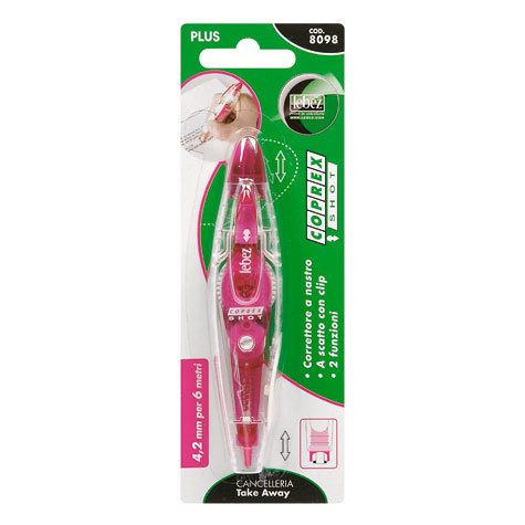 gbc Correttore a nastro SHOT, con apertura a scatto nastro 4,2 mm x 6 metri, doppia funzione: tira-rapido e spingi-preciso. Assortito in 4 slendidi colori. In blister.