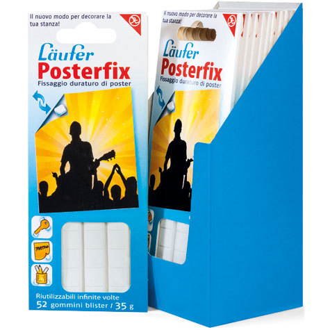 gbc Gommini PosterFix in blister da 52 gommini. Permette di fissare alla parete poster, disegni, cartoline e decorazioni. Riutilizzabile infinite volte, si rimuove senza lasciare tracce. Alternativa ideale a chiodi, puntine e nastri adesivi. MADE IN GERMANY.