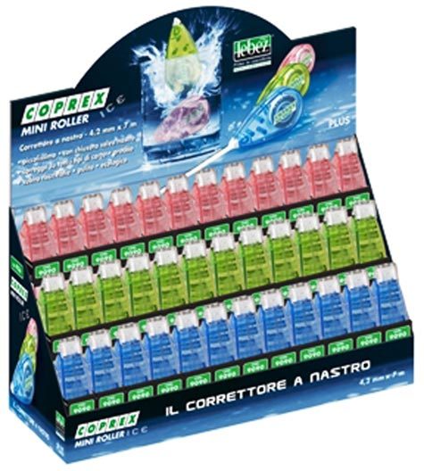 gbc Espositore con 40 correttori a nastro, Roller Coprex Mini ICE nastro 4,2mm x 7metri, funziona su tutti i tipi di carta, subito riscrivibile. Con chiusura salva nastro. Preciso, pulito ed ecologico. Con espositore da banco.