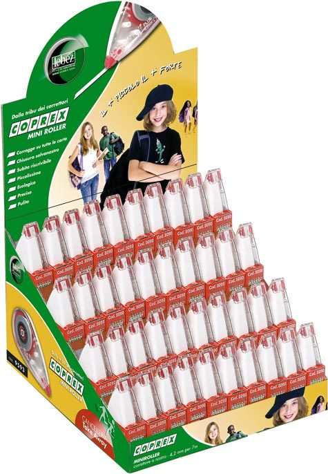 gbc Espositore con 40 correttori a nastro 4,2mmx7m mini Roller Coprex 9562 nastro 4,2 mm x 7 metri, piccolissimo 65x35 mm, funziona su tutti i tipi di carta, subito riscrivibile, con espositore da banco.