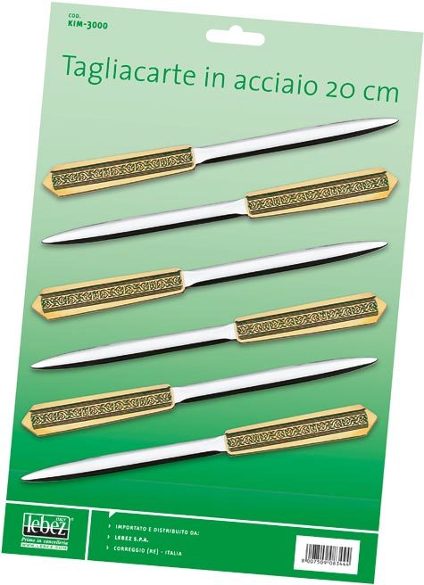 gbc Tagliacarte in acciaio con impugnatura dorata Lunghezza: 20 cm. Cartella di 6 pezzi.