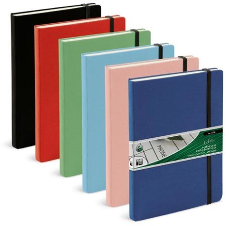 gbc Rubrica con copertina cartonata in tessuto 6,5x10,5cm colori assortiti, 80 pagine, con tasca a soffieto nel retro copertina, elastico di chiusura.
