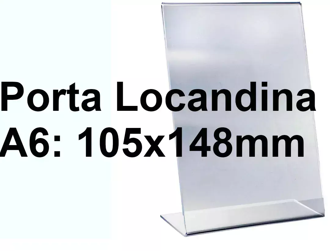 legatoria PortaLocandinaPlexiglass, DaTavoloMonofacciale, A6verticale, 105x148mm PortaCartello TRASPARENTE, in Plexiglass da 1,5mm, formato A6 (106x151mm) a disposizione verticale.