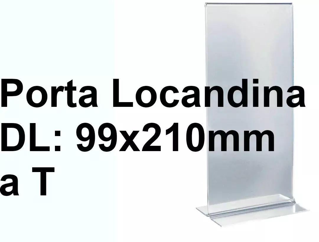 legatoria PortaLocandinaPlexiglass, DaTavoloBifacciale, DinLong, 99x210mm TRASPARENTE, formato DIN LONG (101x215mm) a disposizione verticale, base a T larga 84mm, in polistirene da 1,5mm. La disposizione perfettamente verticale consente di inserire un depliant visibile su entrambi i lati. Ideale per ogni tipo di comunicazione.