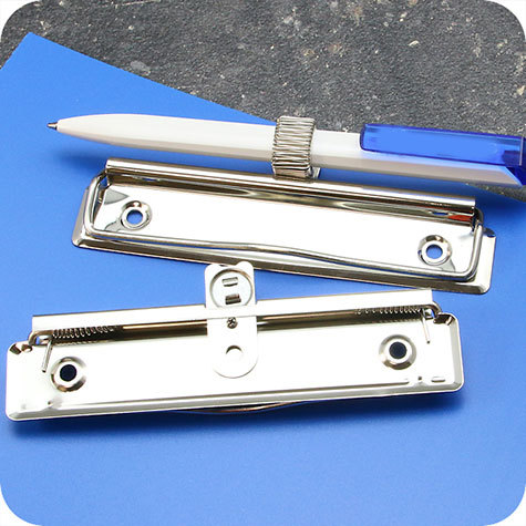 legatoria Molletta fermacarta 120x30mm. portapenne NICHELATA, contiene fino a 100 fogli (10mm), interasse rivetti 87mm. rivetti non inclusi.