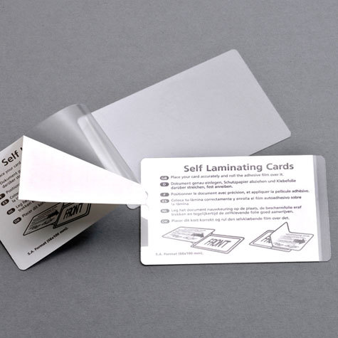 legatoria Pouches, bustina plastificante a freddo, 66x100mm per cartoncino 56x90mm. TRASPARENTE, in PET (polietilene) da 200 micron. ex 3el11155, 3el11158.